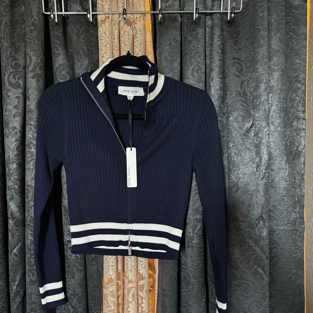 Hippie Rose Navy and White Ribbed Zip-Up sweater